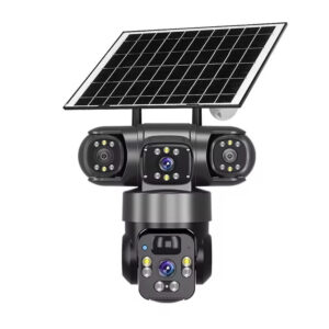 دوربین مداربسته تحت شبکه فضای باز خورشیدی سه لنز با اتصال 4G، چرخش 360 درجه، دید در شب رنگی، تشخیص حرکت، مکالمه دوطرفه، استاندارد IP66، شارژ با پنل خورشیدی و نگهداری شارژ تا 7 روز