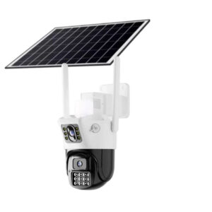 دوربین امنیتی تحت شبکه 4G مدل V380pro با 2 لنز 5 مگاپیکسل، پنل خورشیدی، اتصال بی‌سیم Wi-Fi و دید در شب رنگی، پشتیبانی از کارت حافظه تا 128 گیگابایت