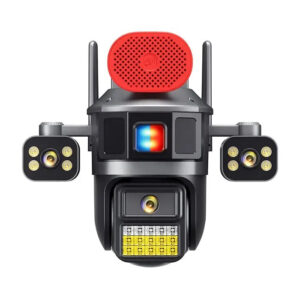 دوربین امنیتی تحت شبکه خورشیدی بی‌سیم مدل T6CG-3L با سه لنز 3 مگاپیکسل، زاویه دید 360 درجه، قابلیت چرخش Pan و Tilt، دید در شب، تشخیص انسان، مکالمه دو طرفه، ضبط صدا و مقاوم در برابر آب، اتصال سیم‌کارت و کارت حافظه